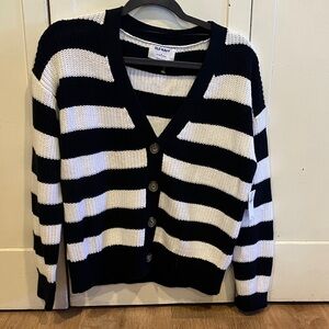 Old Navy Navy Blue and White Striped V-Neck Button Cardigan